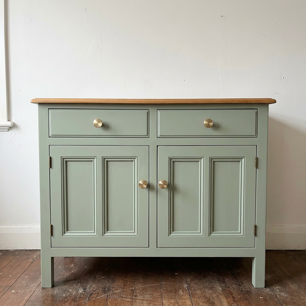 Example after: the same sideboard painted sage green with brass knobs