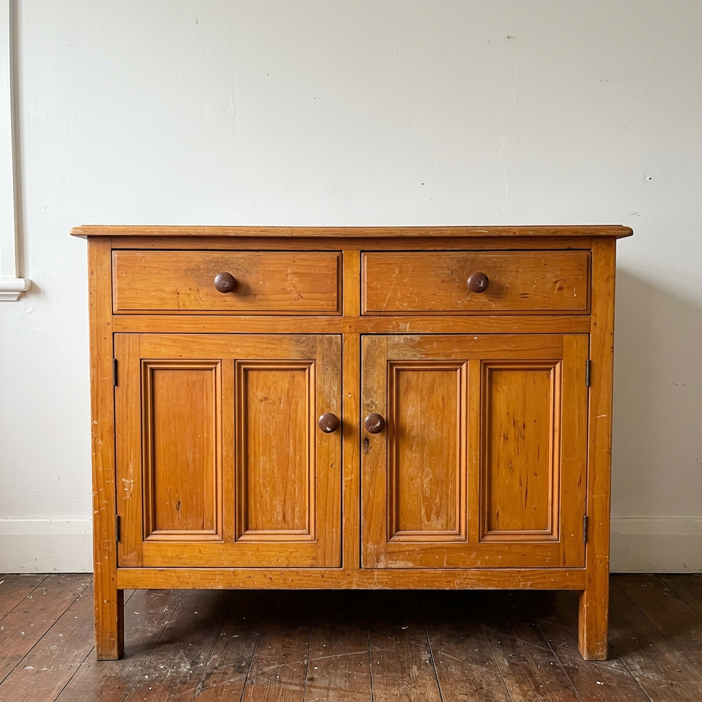 Example before: dated orange pine sideboard with brown knobs