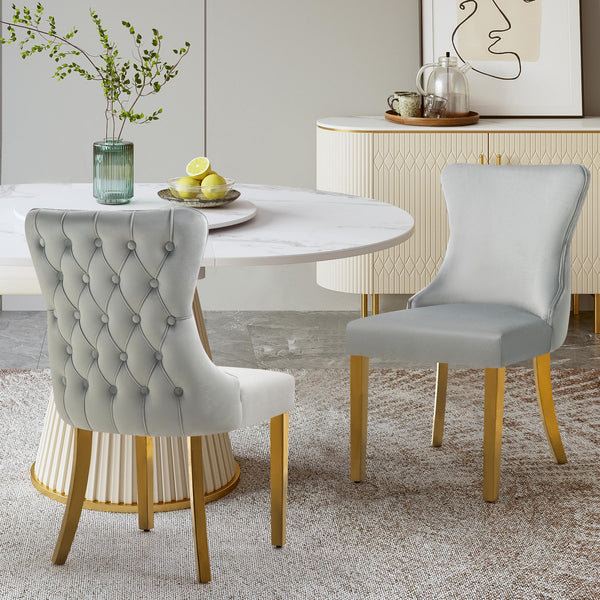 Set of 2 - Paris Light Grey Velvet & Gold Polished Steel Upholstered Dining Chairs Tufted Back