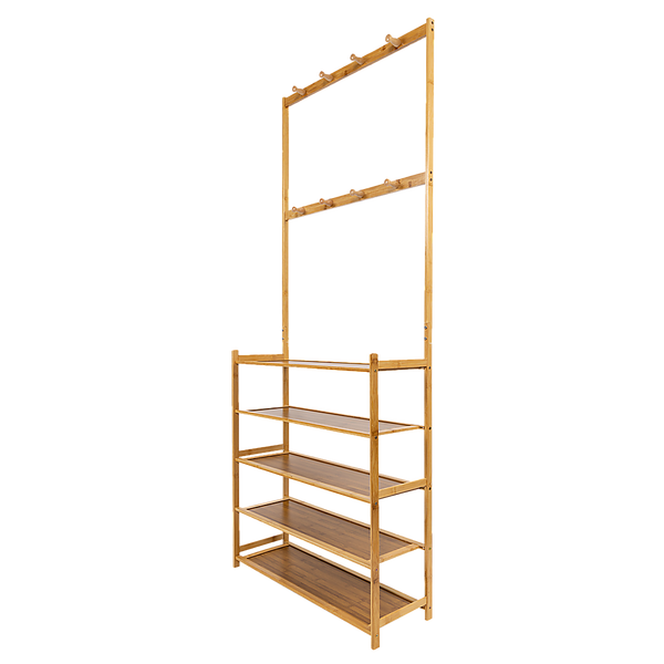 Large Wooden 5 Tiers Hat Coat Stand Clothes Shoe Rack Hanger Hooks Shelf Storage