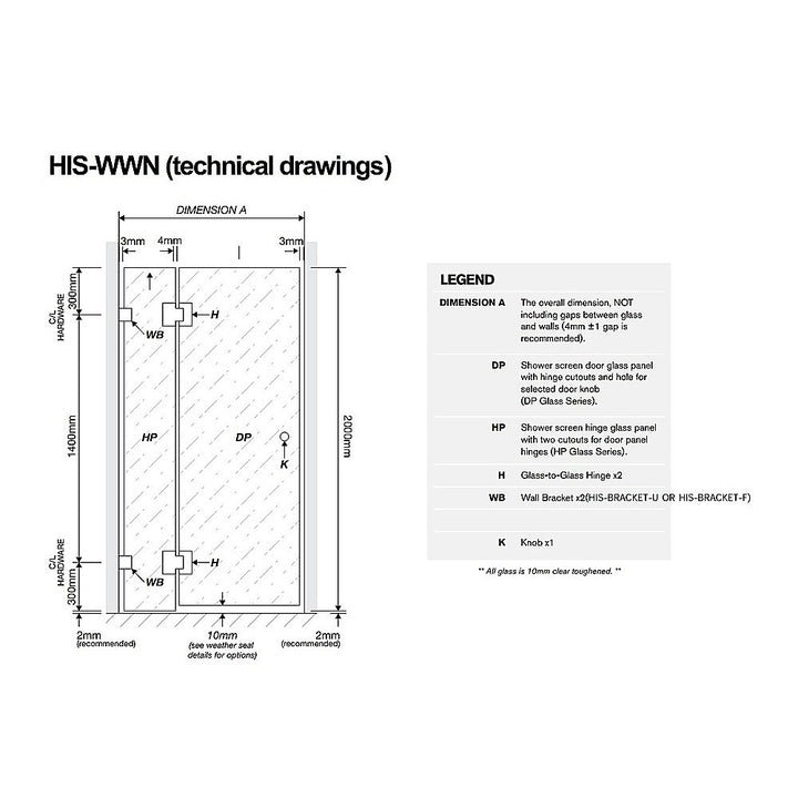 90x80cm Corner Frameless Shower Screen with Chrome Brackets and SS Hinges, Round Handle
