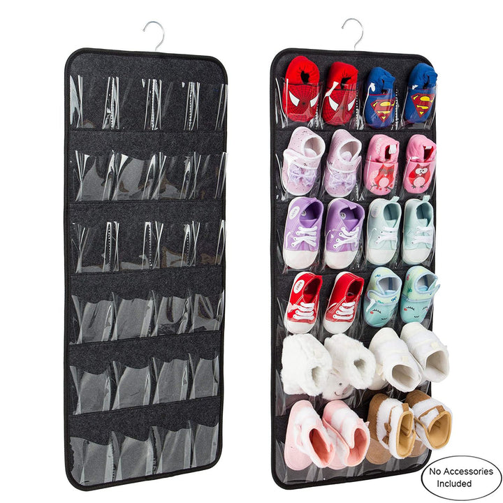 Grey Hanging Felt Shoe Organizer with 24 Clear Pockets