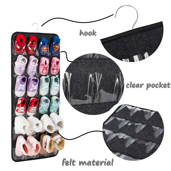 Grey Hanging Felt Shoe Organizer with 24 Clear Pockets