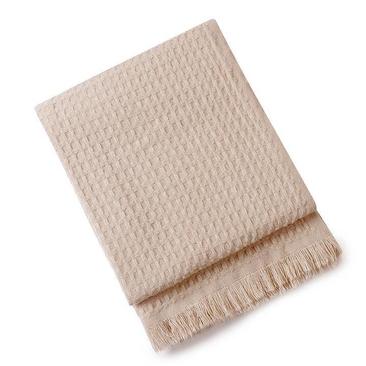 130*230CM Khaki Nordic Solid Color Knitted Sofa Throw Blanket with Tassels - Waffle Weave Polyester Decorative Blanket