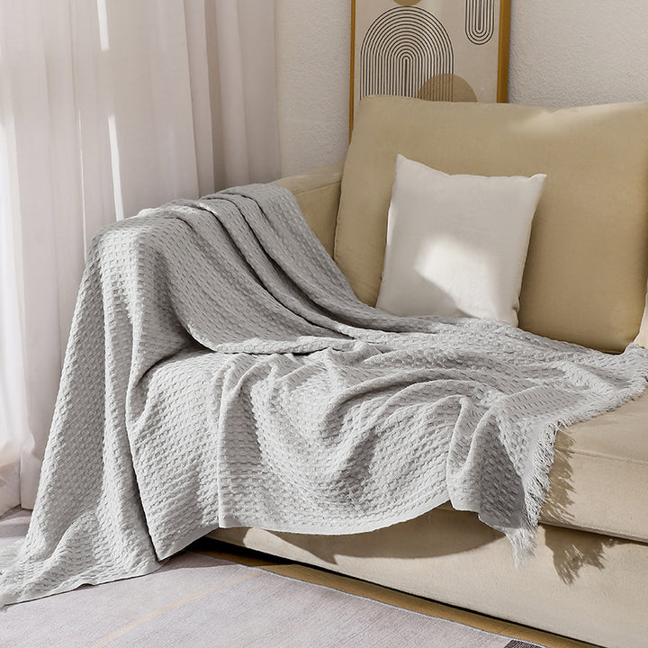 130*230CM Grey Nordic Solid Color Knitted Sofa Throw Blanket with Tassels - Waffle Weave Polyester Decorative Blanket