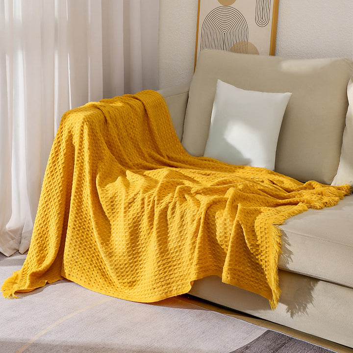 130*230CM Bright Yellow Nordic Solid Color Knitted Sofa Throw Blanket with Tassels - Waffle Weave Polyester Decorative Blanket