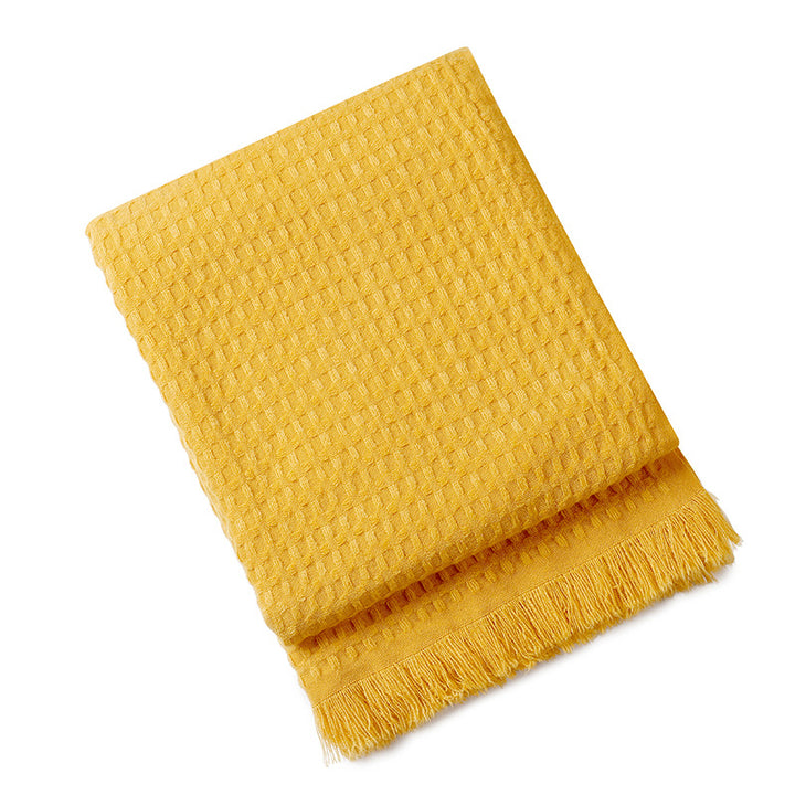130*230CM Bright Yellow Nordic Solid Color Knitted Sofa Throw Blanket with Tassels - Waffle Weave Polyester Decorative Blanket