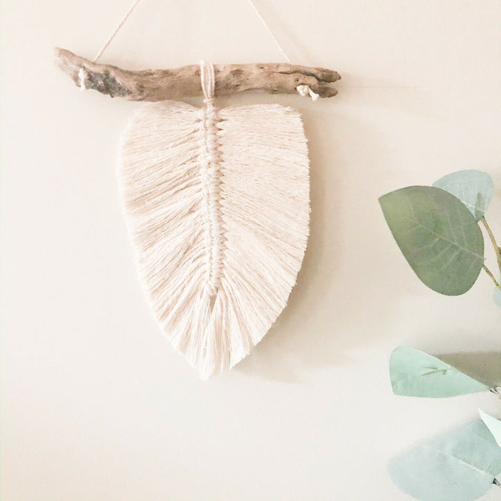 Ivory Mini Macrame Feather Wall Hanging Wood Decor Nursery Office Bohemian Aus - Sweet Pea Interiors