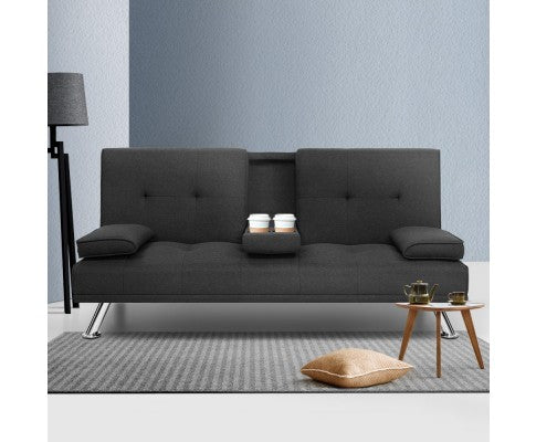 Artiss Linen Fabric 3 Seater Sofa Bed Recliner Lounge Couch Cup Holder Futon Dark Grey - Sweet Pea Interiors